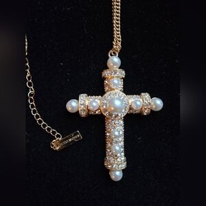 Steve Madden Gold and Pearl Long Cross Pendant Necklace With Rhinestones